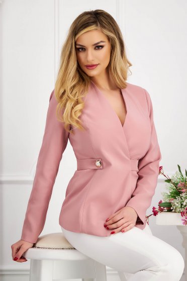 Tinute elegante dama, Sacou din stofa elastica roz cambrat accesorizat cu cordon - StarShinerS - StarShinerS.ro