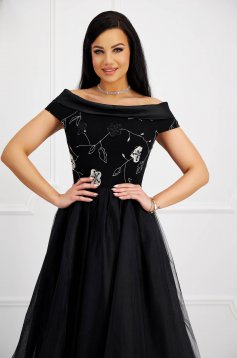 Black dress midi cloche from tulle naked shoulders lace overlay