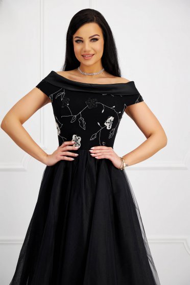 Online Dresses, Black dress midi cloche from tulle naked shoulders lace overlay - StarShinerS.com
