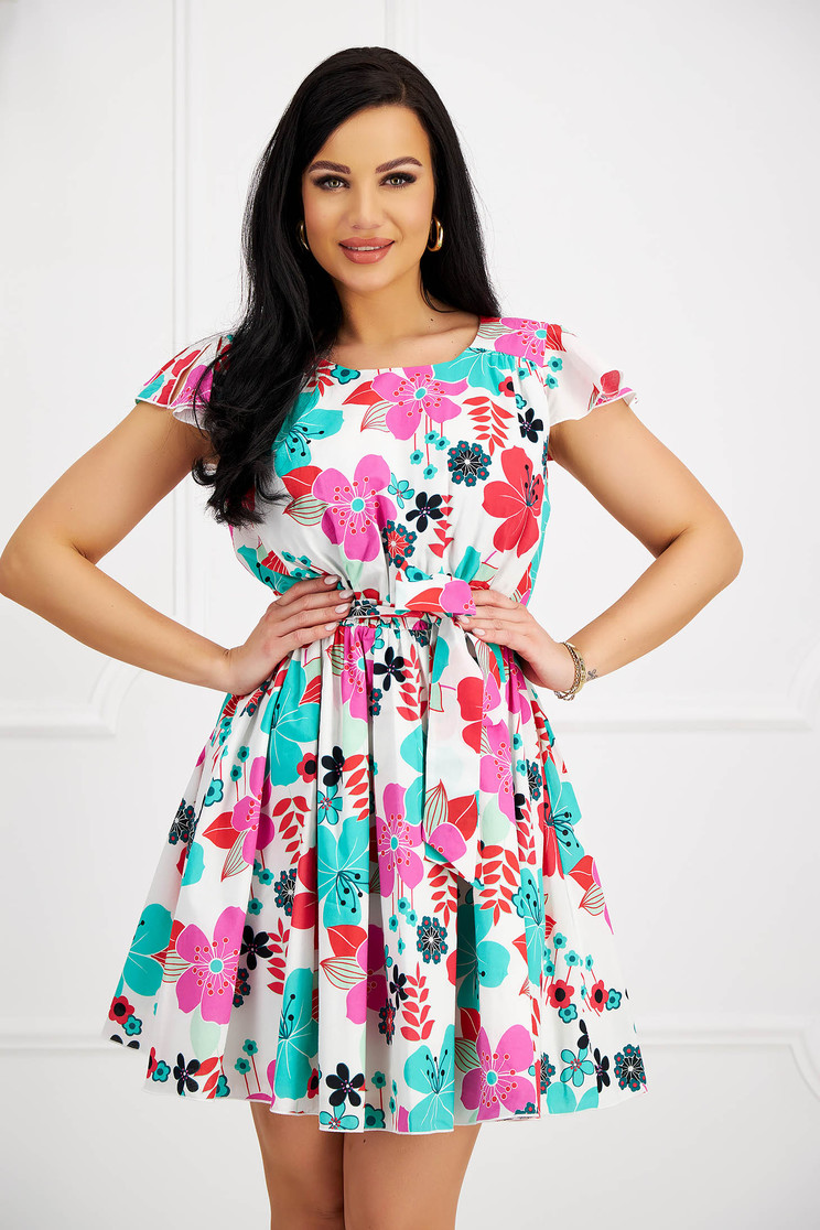 Floral print dresses, Dress cotton short cut cloche with elastic waist accessorized with tied waistband - StarShinerS.com