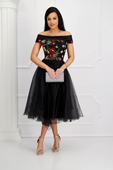 Tulle dresses, Dress midi cloche from tulle naked shoulders lace overlay - StarShinerS.com