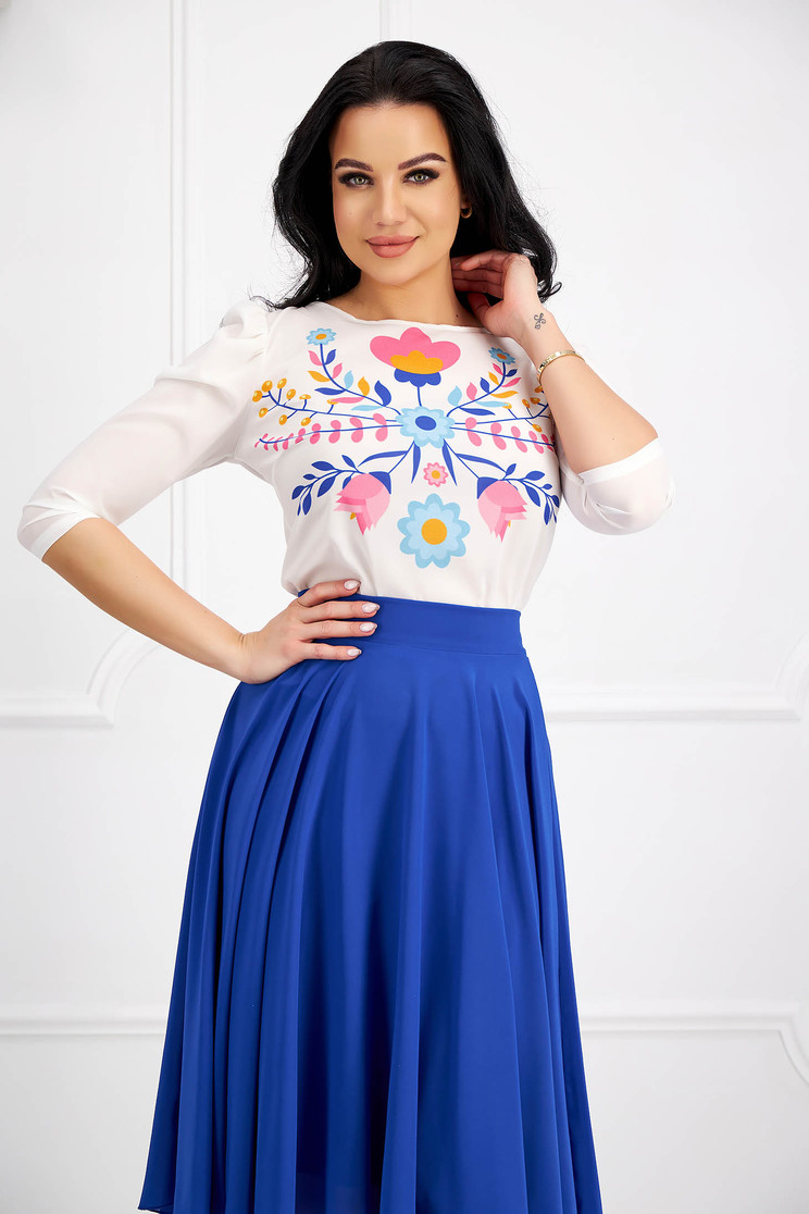 Bluza dama din voal usor elastic albastra cu un croi mulat si imprimeu floral digital - StarShinerS