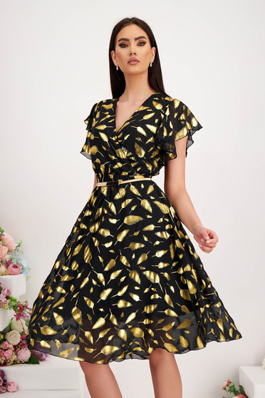 Floral print dresses, - StarShinerS dress from veil fabric midi cloche with elastic waist accessorized with belt - StarShinerS.com