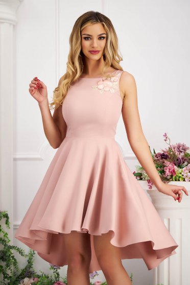 Dusty pink satin asymmetrical short occasion dress without sleeves - StarShinerS