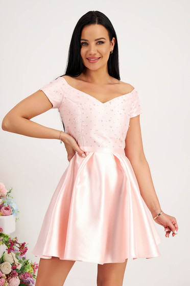 Light Pink Taffeta Short A-Line Dress with Pearl Applications - StarShinerS