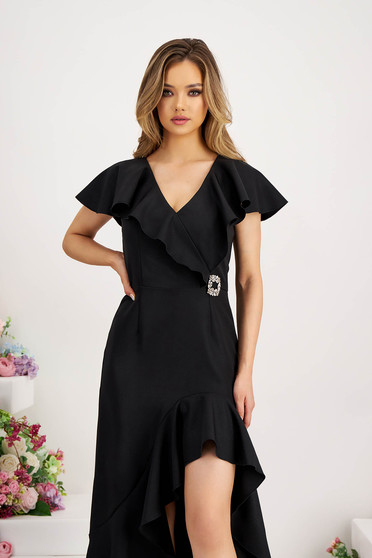 Cocktail dresses, - StarShinerS black dress elastic cloth asymmetrical with ruffle details with v-neckline - StarShinerS.com