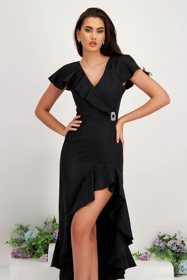 Ruffled dresses, - StarShinerS black dress elastic cloth asymmetrical with ruffle details with v-neckline - StarShinerS.com