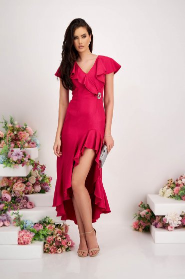 Asymmetric fuchsia elastic fabric dress with ruffles and v-neckline - StarShinerS