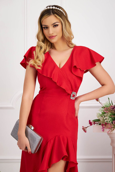 Cocktail dresses, - StarShinerS red dress elastic cloth asymmetrical with ruffle details with v-neckline - StarShinerS.com