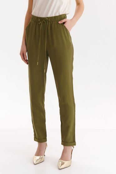 Pantaloni skinny Top Secret, Pantaloni din material subtire verde conici cu elastic in talie si buzunare laterale - Top Secret - StarShinerS.ro