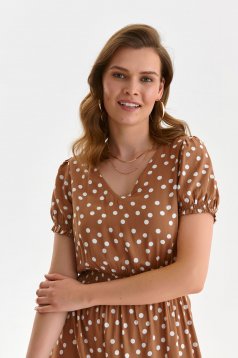 Brown dress midi cloche with elastic waist thin fabric short sleeves with puffed sleeves