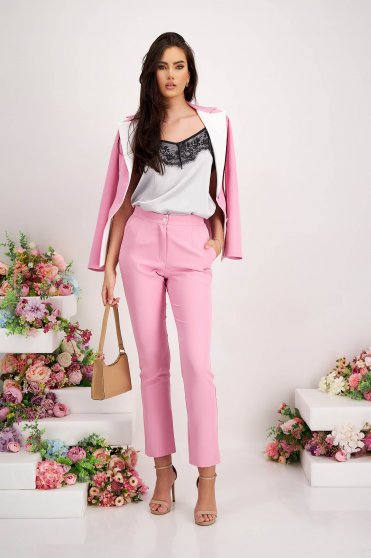 Compleuri Dama, Compleu din stofa elastica roz cu revere contrastante - StarShinerS - StarShinerS.ro