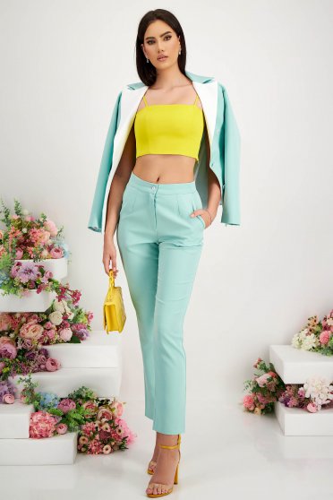 Summer lady set, Light Green Elastic Fabric Suit with Contrasting Lapels - StarShinerS - StarShinerS.com