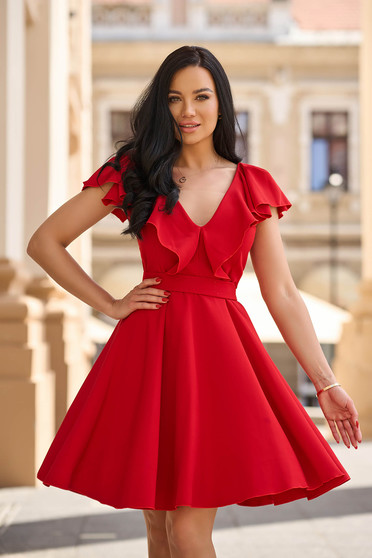 Online Dresses, - StarShinerS red dress elastic cloth short cut cloche frilly trim around cleavage line - StarShinerS.com