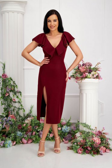 Cocktail dresses - Page 2, - StarShinerS burgundy dress elastic cloth pencil slit frilly trim around cleavage line - StarShinerS.com
