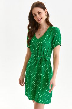 Green dress thin fabric short cut loose fit accessorized with tied waistband with puffed sleeves