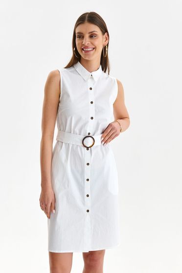Online Dresses, White dress short cut cotton straight accessorized with belt - StarShinerS.com