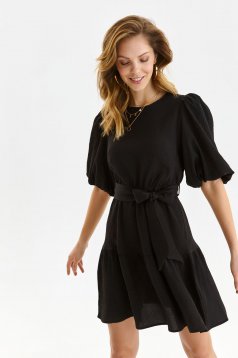 Black dress short cut cloche with elastic waist thin fabric with puffed sleeves