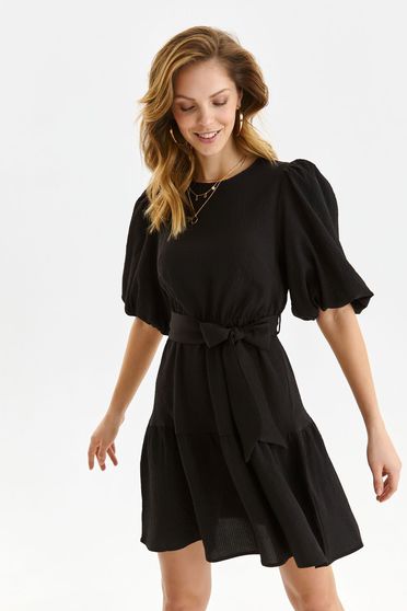 Online Dresses, Black dress short cut cloche with elastic waist thin fabric with puffed sleeves - StarShinerS.com