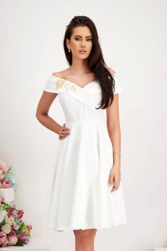 Ivory Elastic Fabric Midi Dress in A-line with Bare Shoulders and Frontal Embroidery - StarShinerS