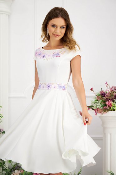 Civil wedding dresses, White midi dress made of slightly elastic fabric with digital floral print - StarShinerS - StarShinerS.com