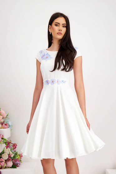 Civil wedding dresses, Midi white dress made from slightly elastic fabric with digital floral print - StarShinerS - StarShinerS.com