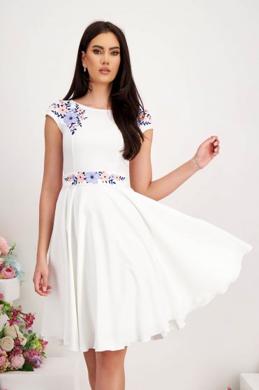 Civil wedding dresses, Midi white dress made from slightly stretchy fabric with digital floral print - StarShinerS - StarShinerS.com