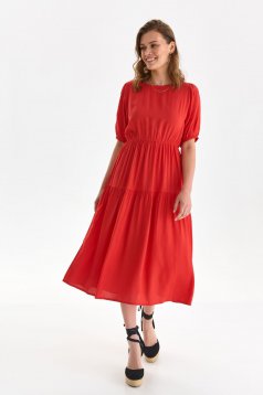 Red dress midi cloche with elastic waist thin fabric with puffed sleeves