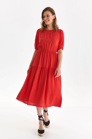Online Dresses, Red dress midi cloche with elastic waist thin fabric with puffed sleeves - StarShinerS.com