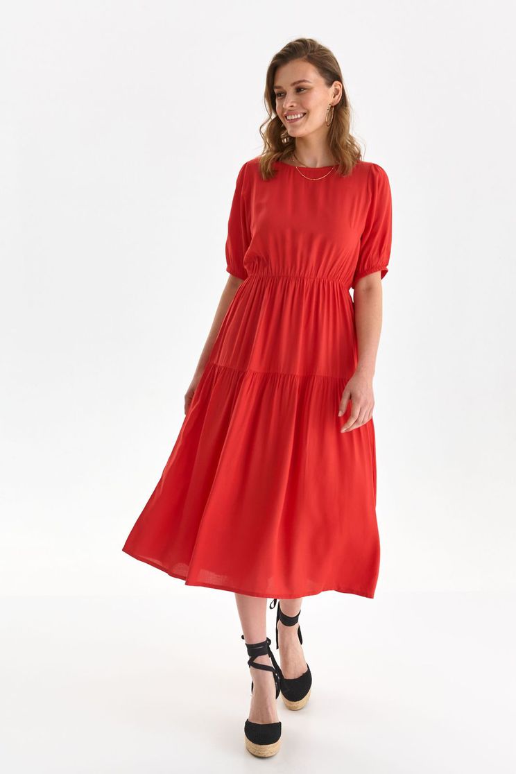 Thin material dresses, Red dress midi cloche with elastic waist thin fabric with puffed sleeves - StarShinerS.com