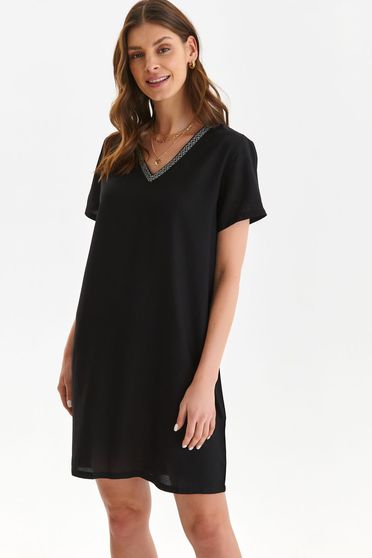 Thin material dresses, Black dress thin fabric short cut straight with v-neckline - StarShinerS.com