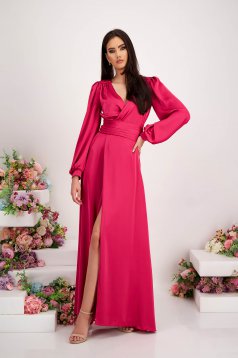 - StarShinerS fuchsia dress from satin long wrap around with puffed sleeves cloche