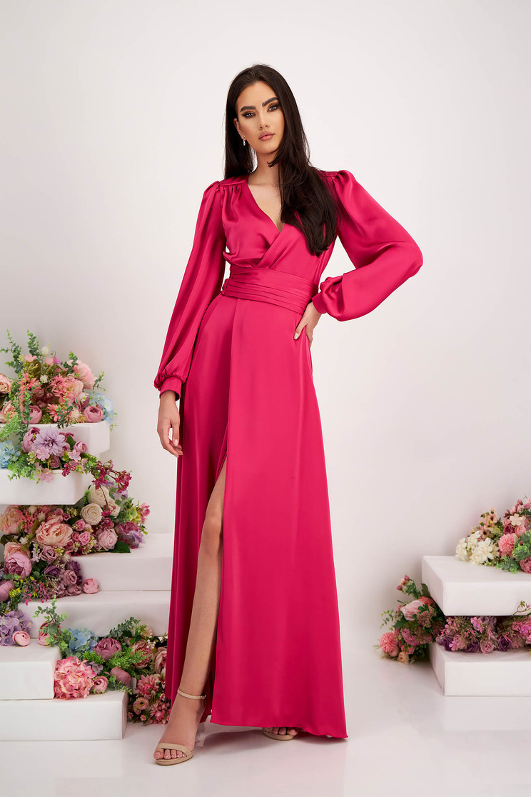 Rochie din satin fuchsia lunga petrecuta in clos cu maneci bufante - StarShinerS - Rochii-Dama.ro