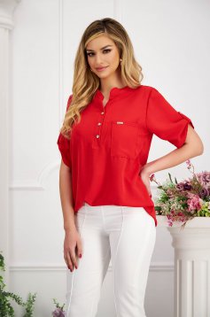 Red women`s blouse loose fit from veil fabric wrinkled texture
