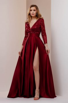 Burgundy dress long taffeta with v-neckline with sequin embellished details