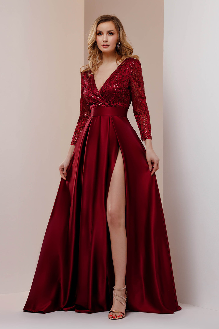 Online Dresses, Burgundy dress long taffeta with v-neckline with sequin embellished details - StarShinerS.com