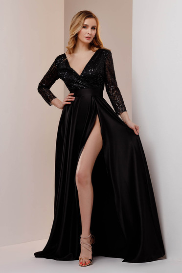 Luxurious dresses, Black dress long taffeta with v-neckline with sequin embellished details - StarShinerS.com