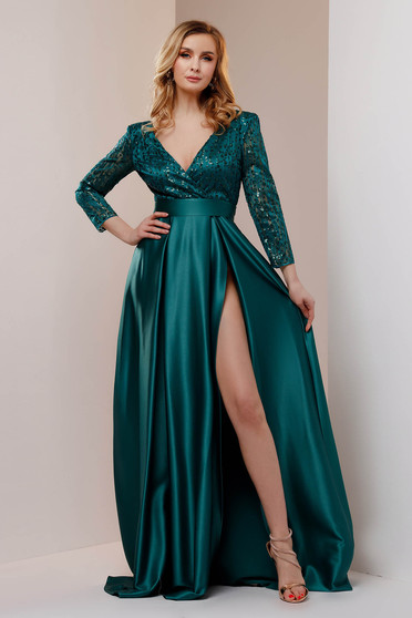 Evening dresses, Green dress long taffeta with v-neckline with sequin embellished details - StarShinerS.com