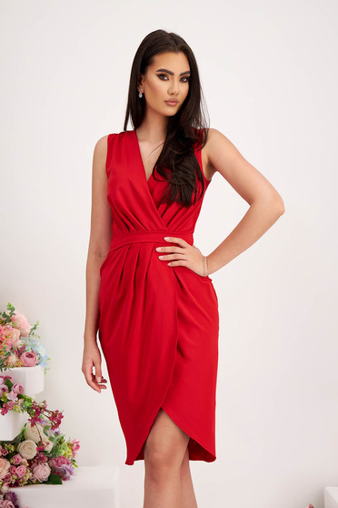 Red Lycra Knee-Length Dress with Crossover Neckline - StarShinerS