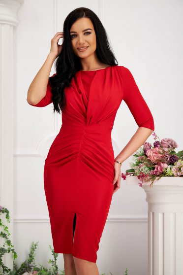 Online Dresses, Red dress short cut pencil elastic cloth frontal slit - StarShinerS.com