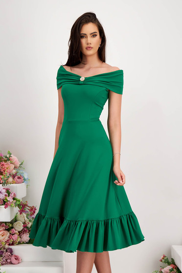 Lycra dresses, - StarShinerS green dress lycra midi cloche naked shoulders with ruffles at the buttom of the dress - StarShinerS.com