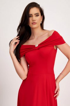 - StarShinerS red dress lycra midi cloche naked shoulders with ruffles at the buttom of the dress