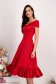 - StarShinerS red dress lycra midi cloche naked shoulders with ruffles at the buttom of the dress 2 - StarShinerS.com
