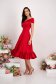 - StarShinerS red dress lycra midi cloche naked shoulders with ruffles at the buttom of the dress 5 - StarShinerS.com