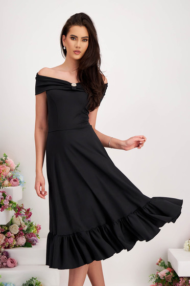 Lycra dresses, - StarShinerS black dress lycra midi cloche naked shoulders with ruffles at the buttom of the dress - StarShinerS.com