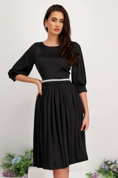 Black satin midi flared dress made of thin material with pearl applications on the cord - StarShinerS
