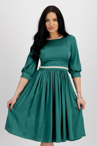 Elegant dresses, Green Satin Midi Dress in A-line with Pearl Embellishments on Cord - StarShinerS - StarShinerS.com