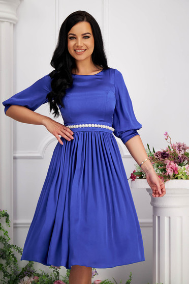Blue satin midi dress in flared style with pearl appliques on cord - StarShinerS