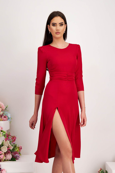 Online Dresses, Raspberry Glitter Elastic Fabric Midi Dress in Flared Cut with Slit on Leg and V-Neckline at the Back - StarShinerS - StarShinerS.com