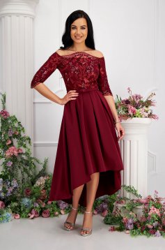 Asymmetrical Cherry Lace and Stretch Fabric Dress with Sequin Applications - StarShinerS